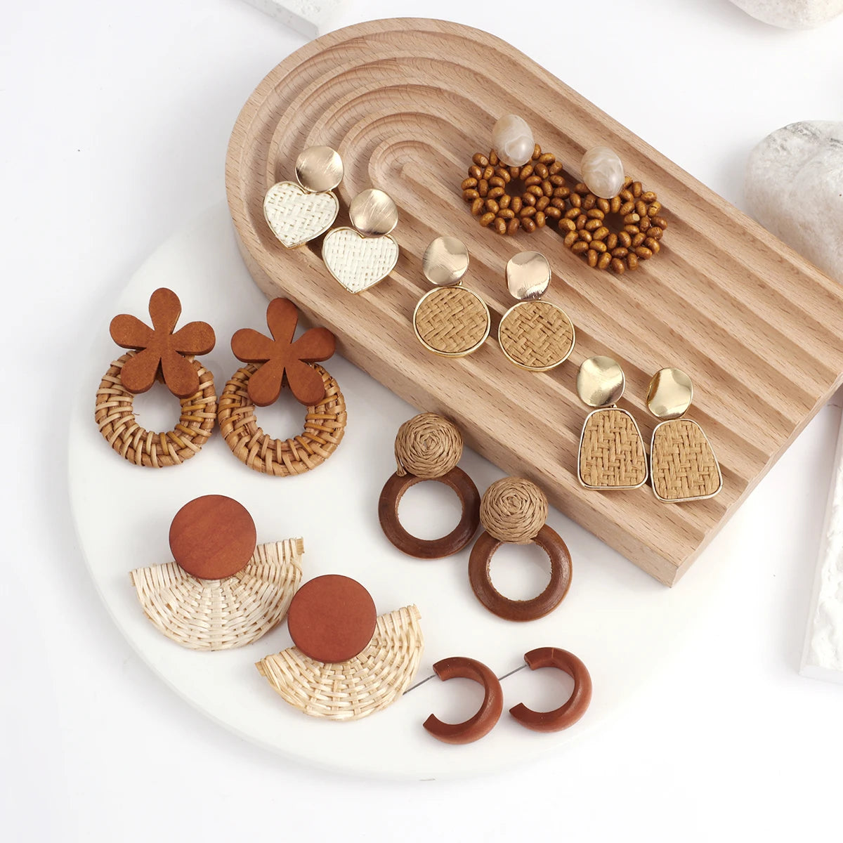 Boho Wood and Rattan Earrings – Ethnic and Handcrafted Style