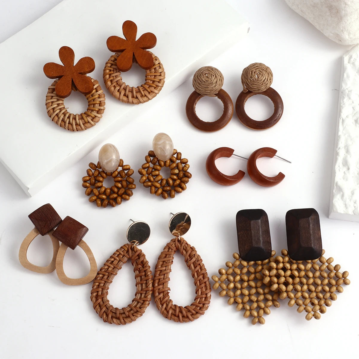 Boho Wood and Rattan Earrings – Ethnic and Handcrafted Style