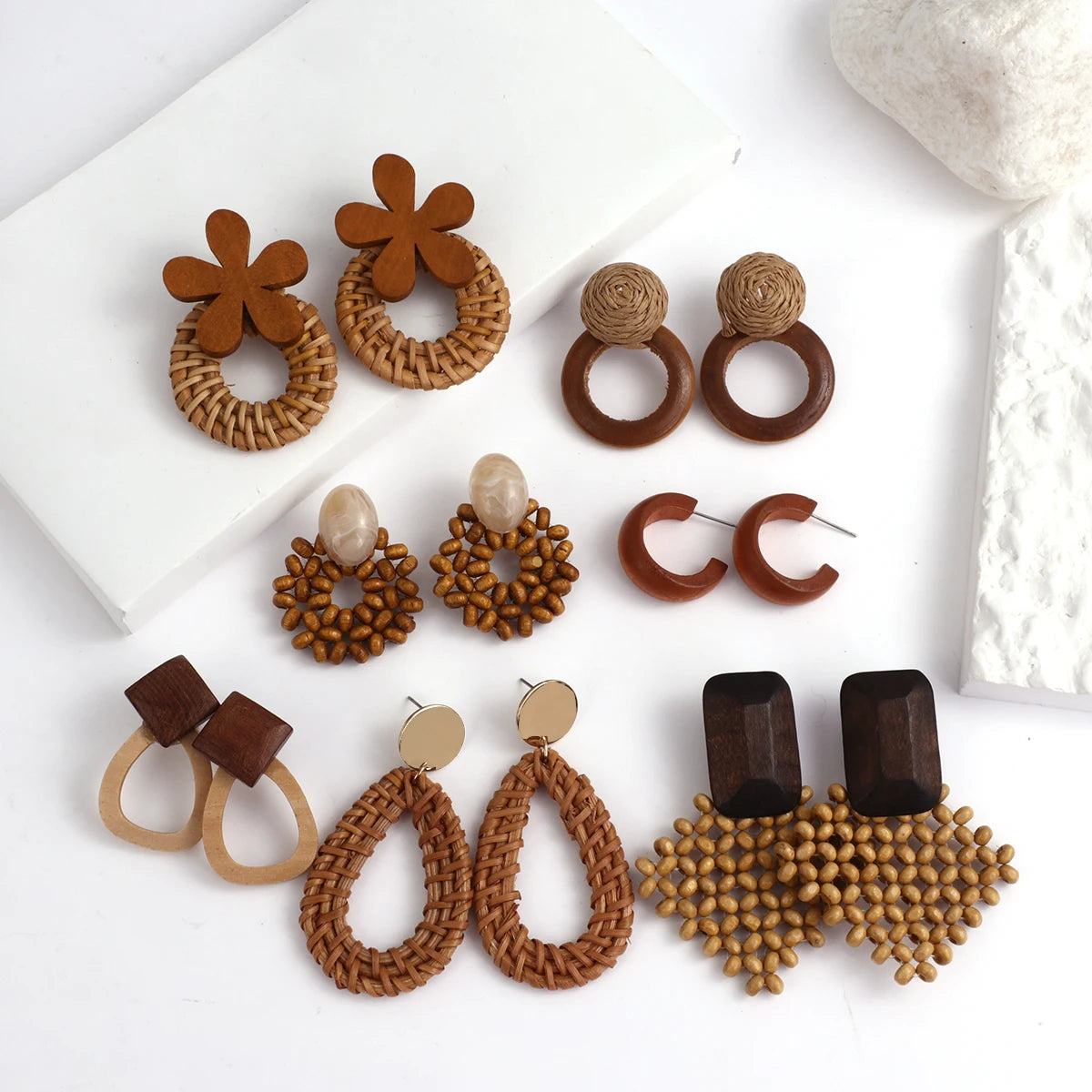 Boho Wood and Rattan Earrings – Ethnic and Handcrafted Style