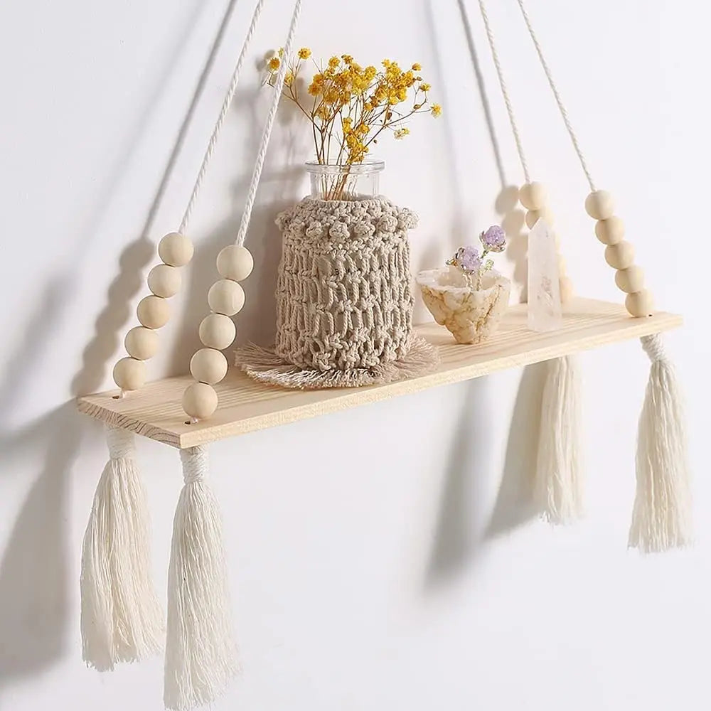 Macramé Wooden Wall Shelf – Boho and Functional Decor