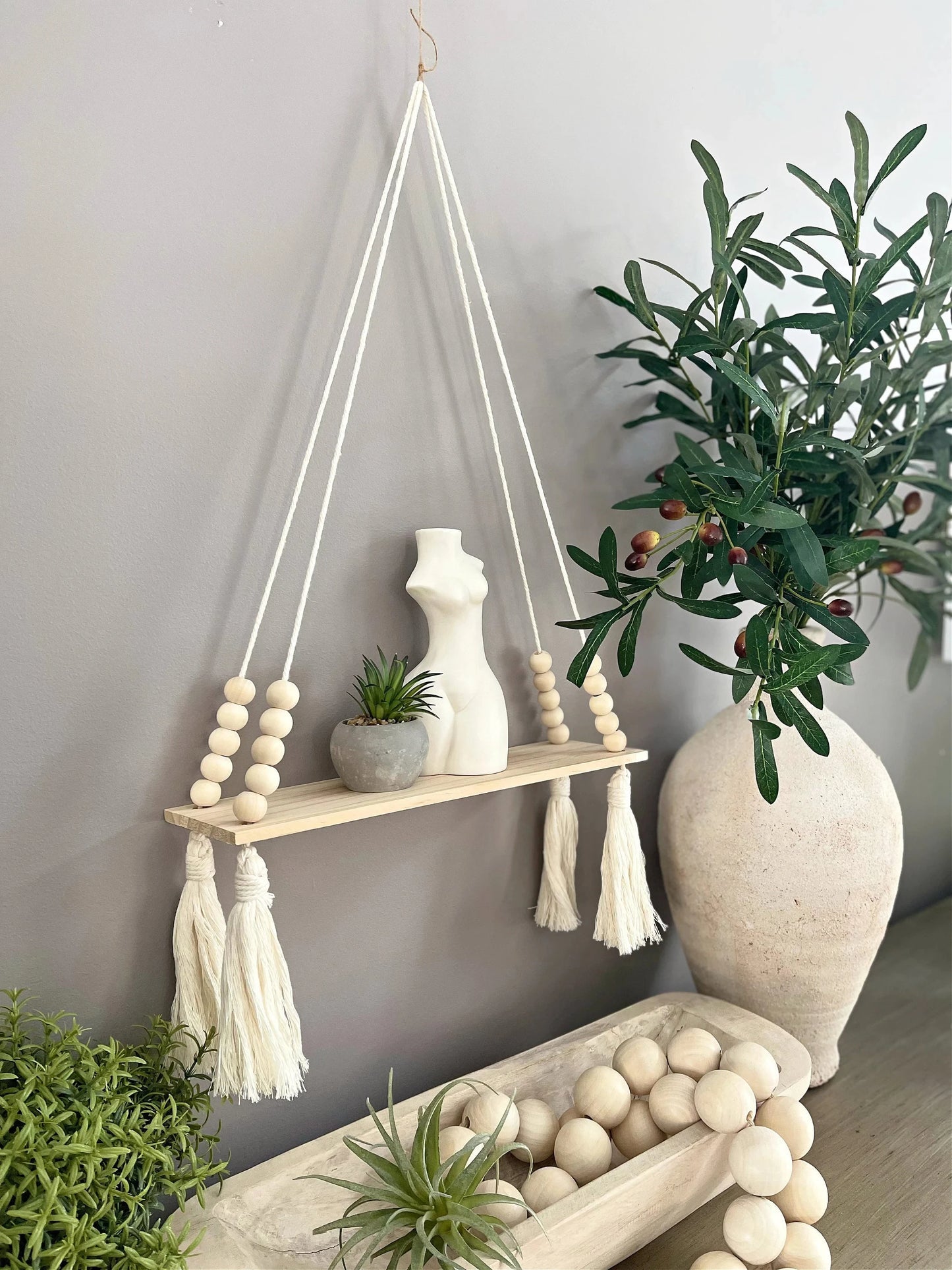 Macramé Wooden Wall Shelf – Boho and Functional Decor