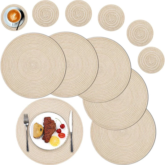 Set of 6 Round Placemats and Coasters – Braided, Washable, and Heat Resistant