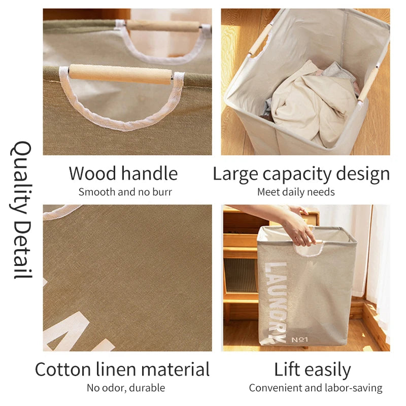 Foldable Waterproof Laundry Basket – Cotton and Linen with Bamboo Handles