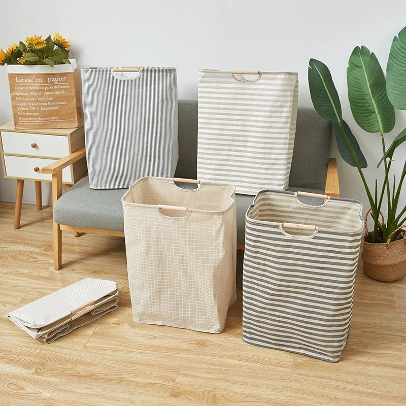 Foldable Waterproof Laundry Basket – Cotton and Linen with Bamboo Handles